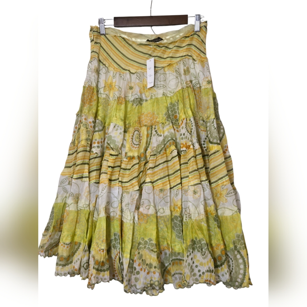Floral Boho Tiered Midi Skirt in Yellow-Green Sz Large NWT - Picture 3 of 3